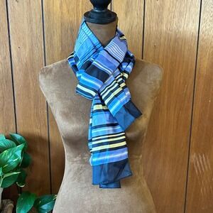 100% Silk Striped Scarf Blue Yellow Black White Long Rectangle Accessory